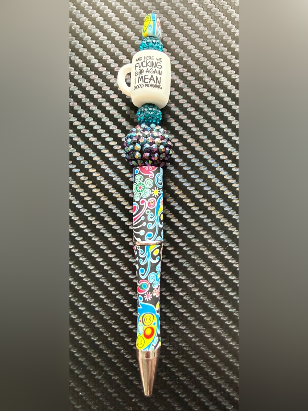Handmade Colorful Swirl Pattern Beaded Pen with “Good Morning” Mug Topper